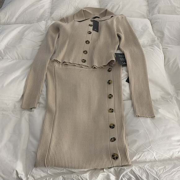 Lulus Double The Sweetness Beige Ribbed Collared Two-piece Midi Dress - Size M - Picture 2 of 5